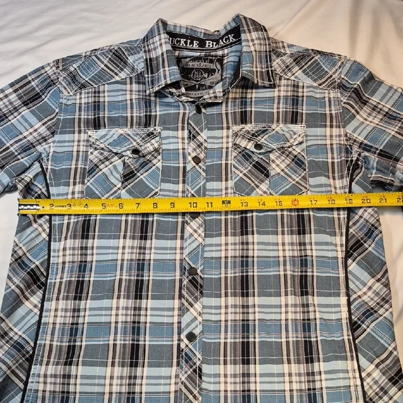 Buckle Black, Long Sleeve Black Label  Blue and Black Plaid Snap Down Mens Shirt - Picture 4 of 16